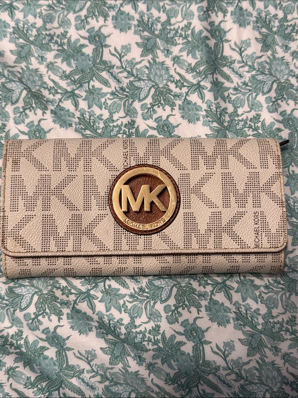 Michael Kors Beige MK Logo Continental Wallet with Gold Emblem